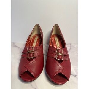 Retro Red Peep Toe Buckle Heels Shoes Women's Size